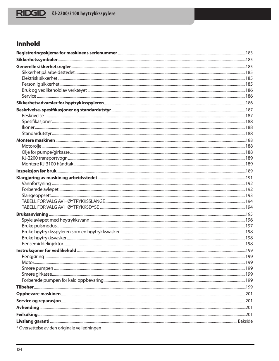 Innhold | RIDGID KJ-3100 User Manual | Page 186 / 454