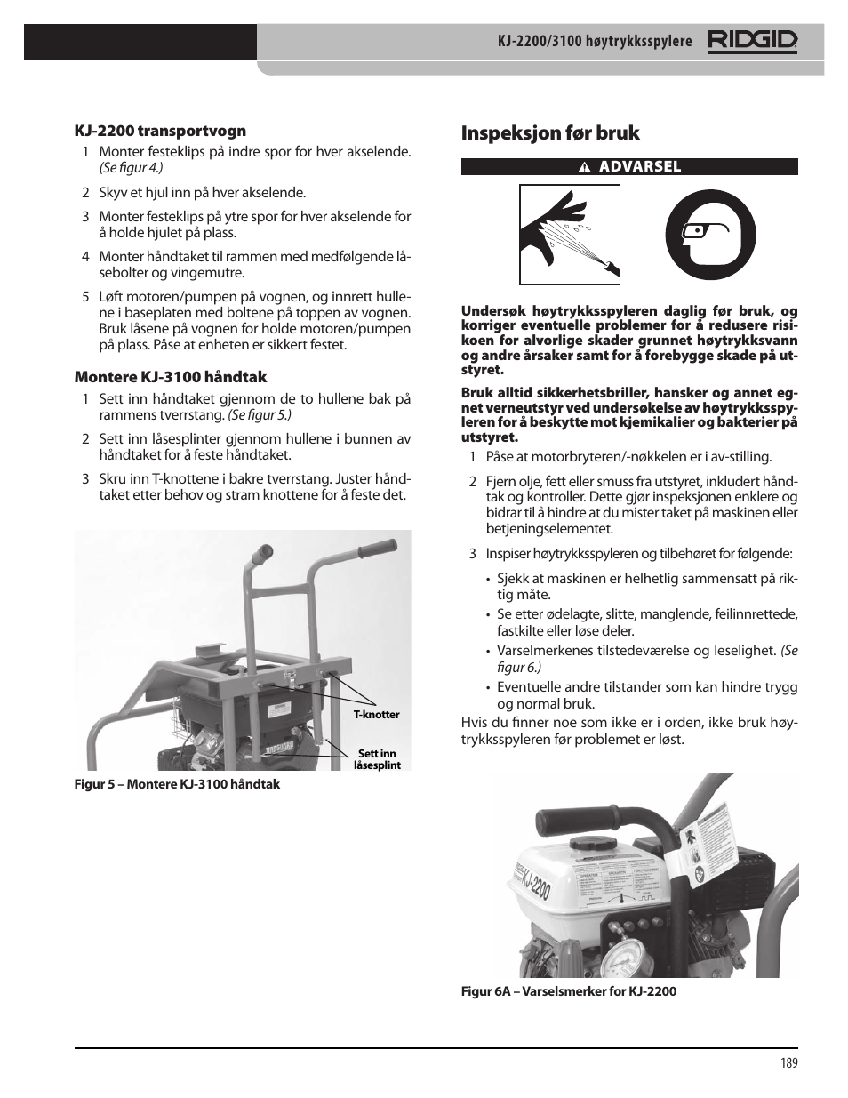 Inspeksjon før bruk | RIDGID KJ-3100 User Manual | Page 191 / 454