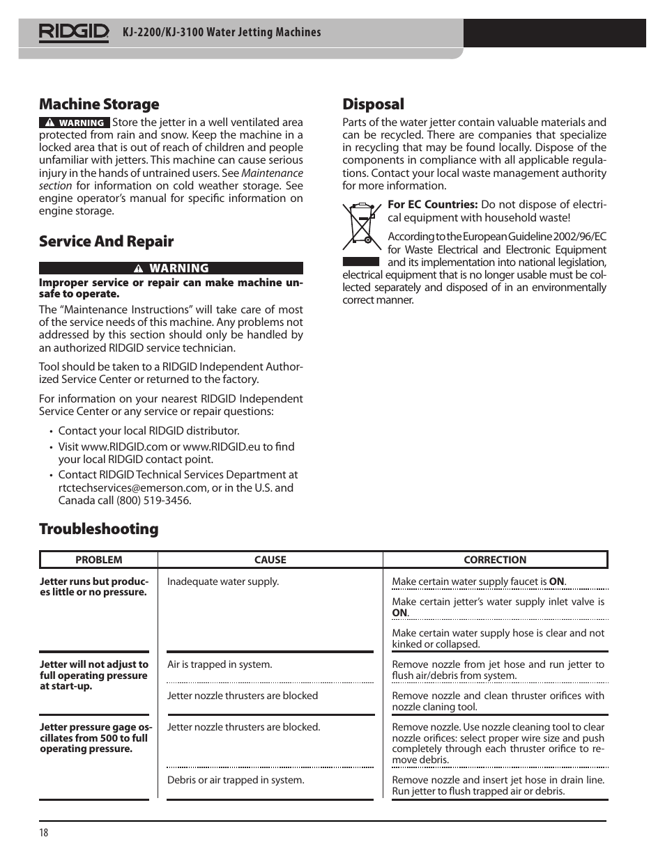 Disposal, Troubleshooting, Machine storage | Service and repair | RIDGID KJ-3100 User Manual | Page 20 / 454