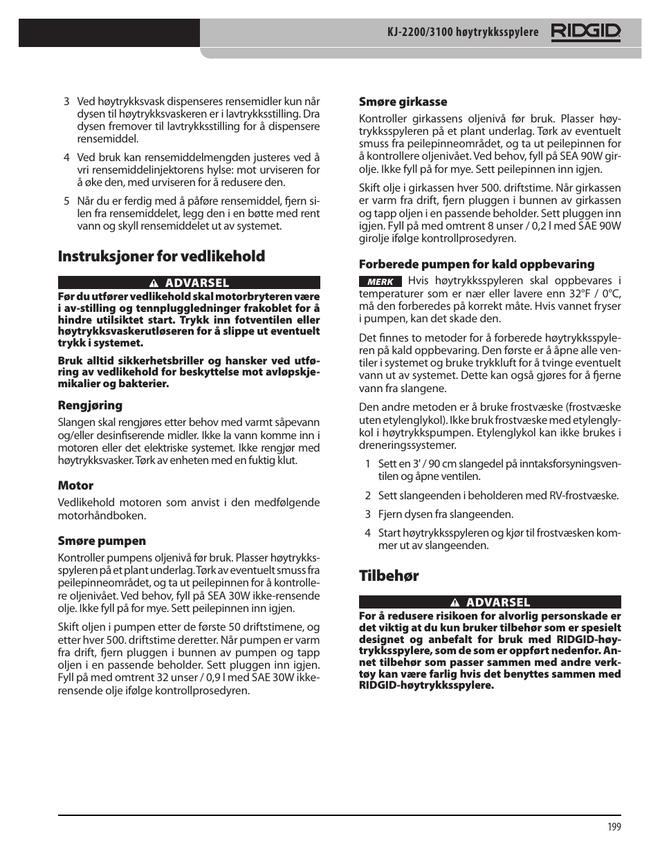 Instruksjoner for vedlikehold, Tilbehør | RIDGID KJ-3100 User Manual | Page 201 / 454
