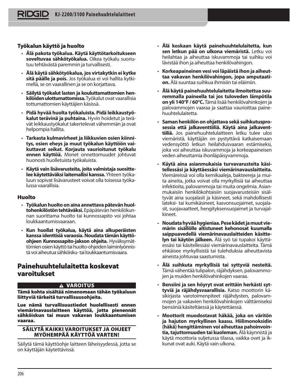 Painehuuhtelulaitetta koskevat varoitukset | RIDGID KJ-3100 User Manual | Page 208 / 454