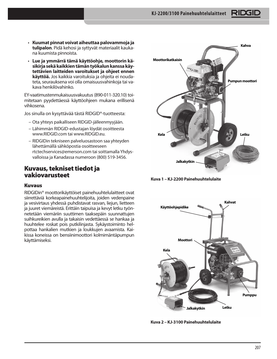 Kuvaus, tekniset tiedot ja vakiovarusteet | RIDGID KJ-3100 User Manual | Page 209 / 454