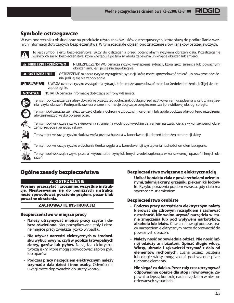 Symbole ostrzegawcze, Ogólne zasady bezpieczeństwa | RIDGID KJ-3100 User Manual | Page 227 / 454