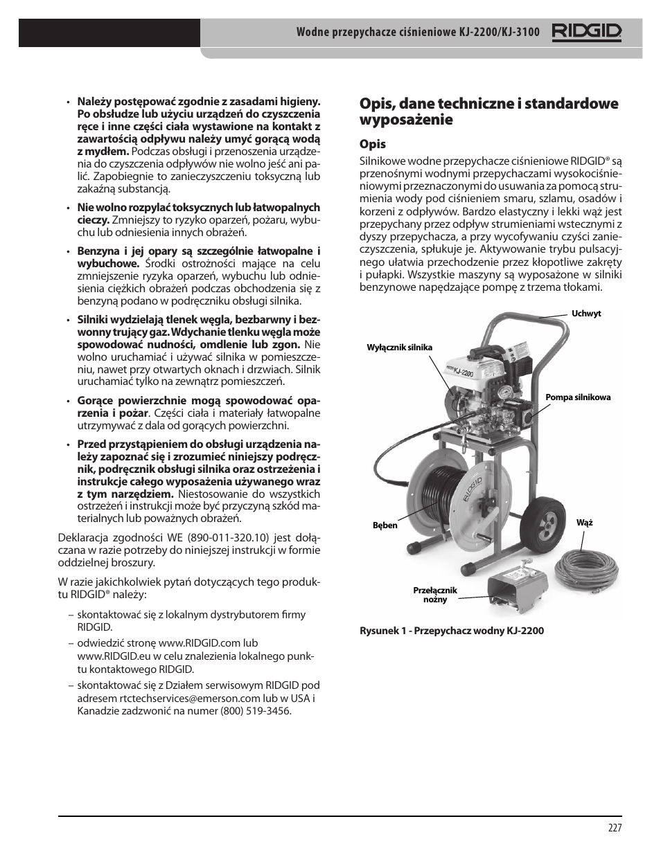 Opis, dane techniczne i standardowe wyposażenie | RIDGID KJ-3100 User Manual | Page 229 / 454