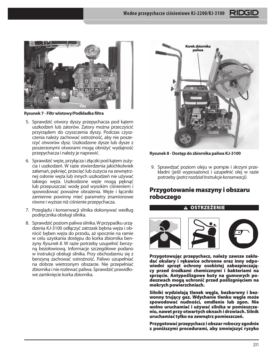 Przygotowanie maszyny i obszaru roboczego | RIDGID KJ-3100 User Manual | Page 233 / 454