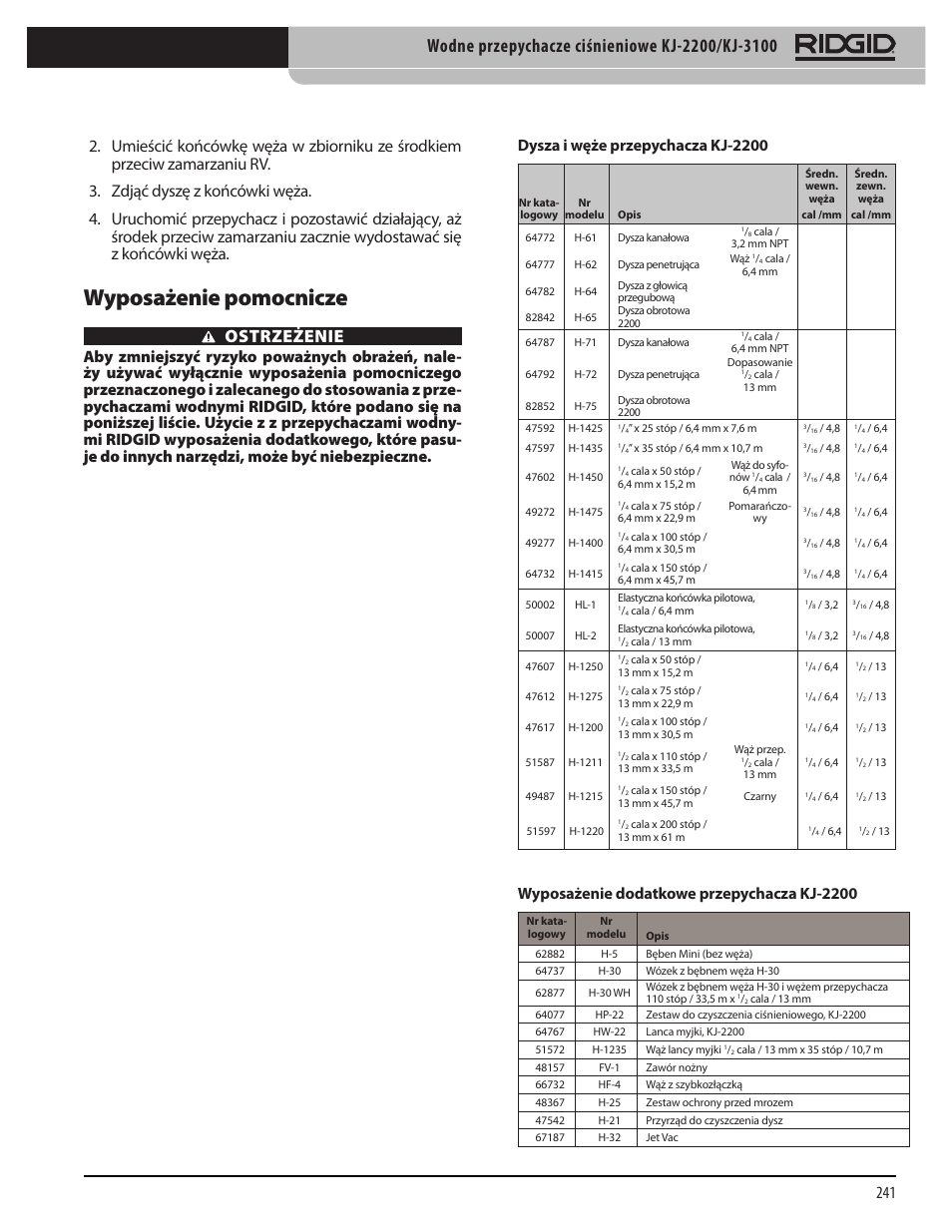 Wyposażenie pomocnicze, Ostrzeżenie, Dysza i węże przepychacza kj-2200 | Wyposażenie dodatkowe przepychacza kj-2200 | RIDGID KJ-3100 User Manual | Page 243 / 454