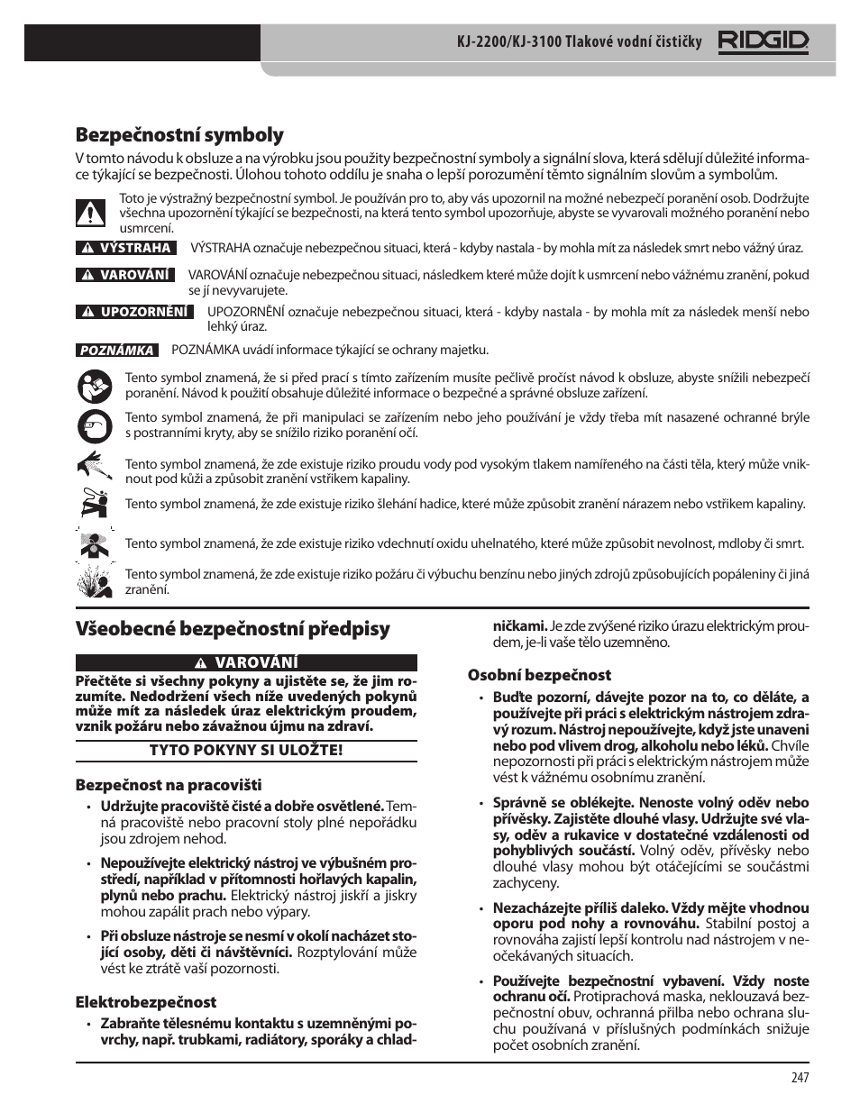 Bezpečnostní symboly, Všeobecné bezpečnostní předpisy | RIDGID KJ-3100 User Manual | Page 249 / 454