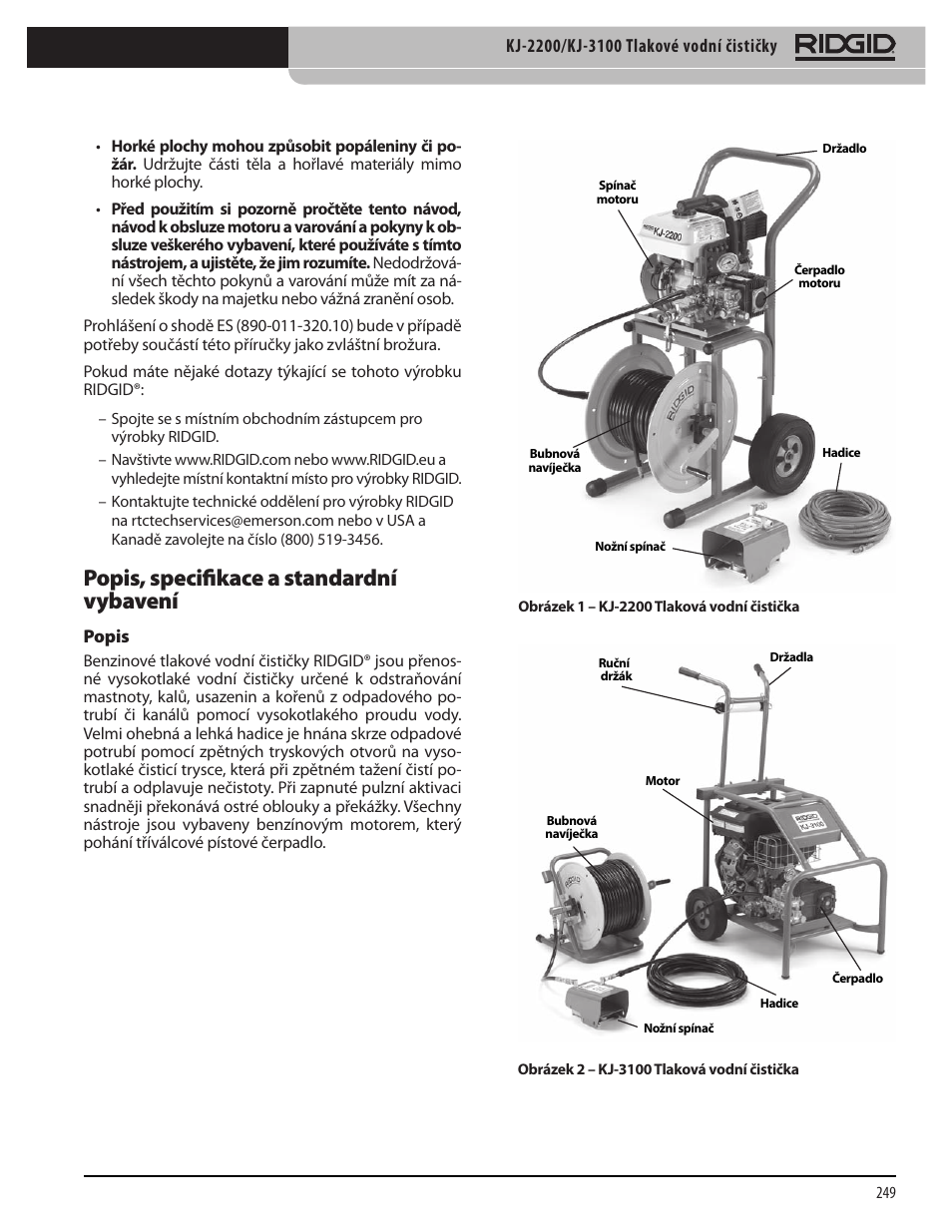 Popis, specifikace a standardní vybavení | RIDGID KJ-3100 User Manual | Page 251 / 454