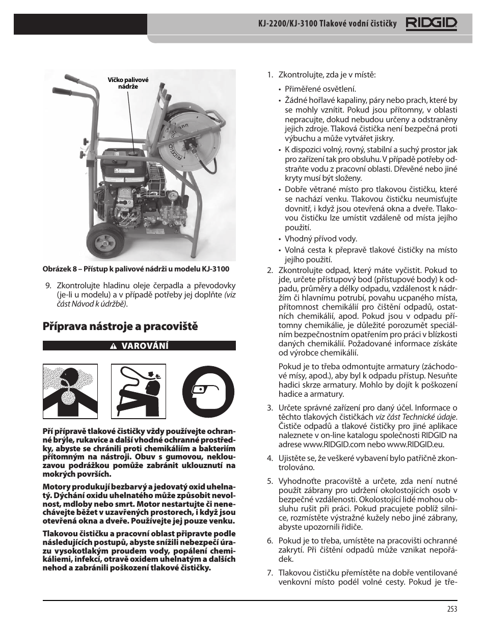 Příprava nástroje a pracoviště | RIDGID KJ-3100 User Manual | Page 255 / 454