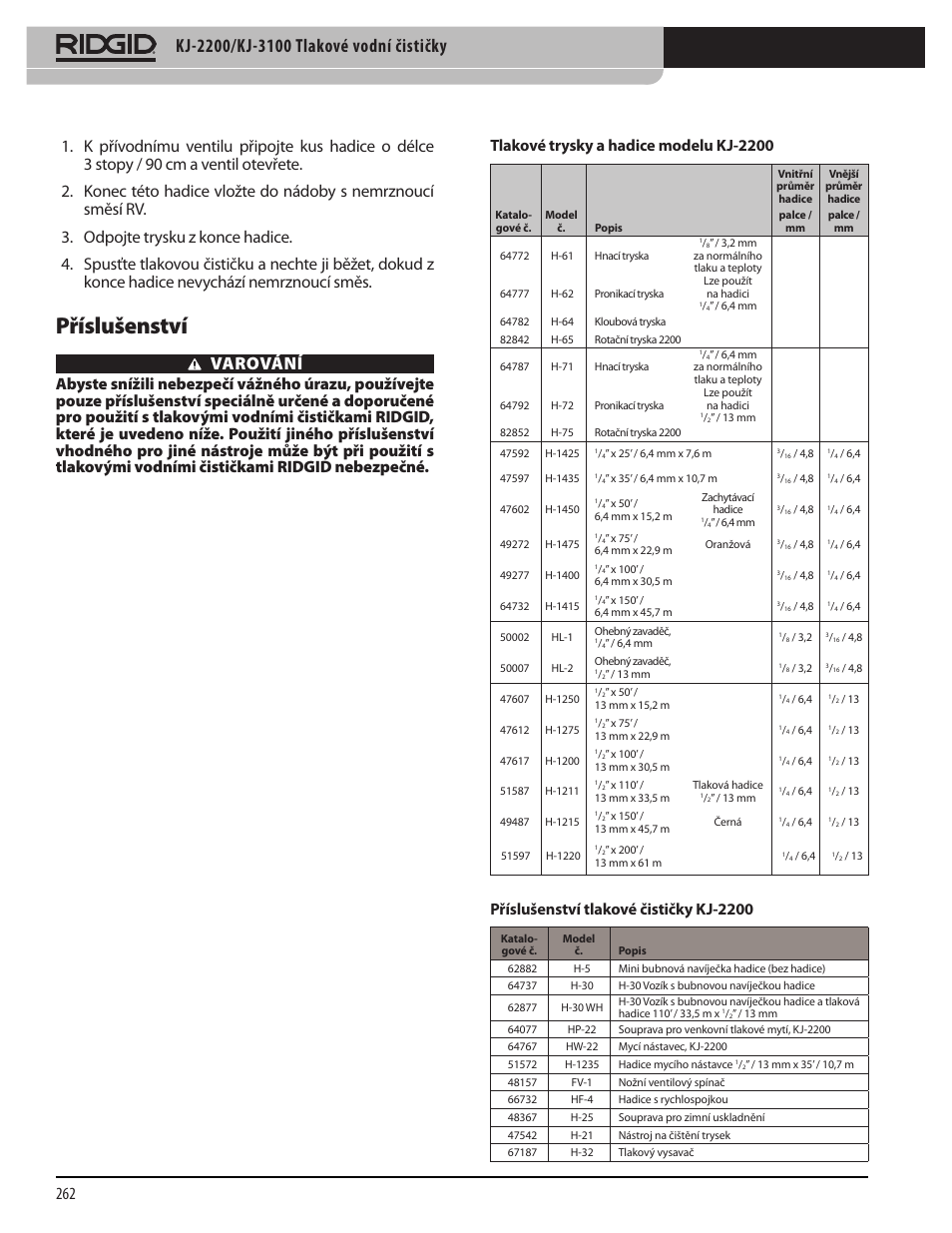 Příslušenství, Varování, Tlakové trysky a hadice modelu kj-2200 | Příslušenství tlakové čističky kj-2200 | RIDGID KJ-3100 User Manual | Page 264 / 454