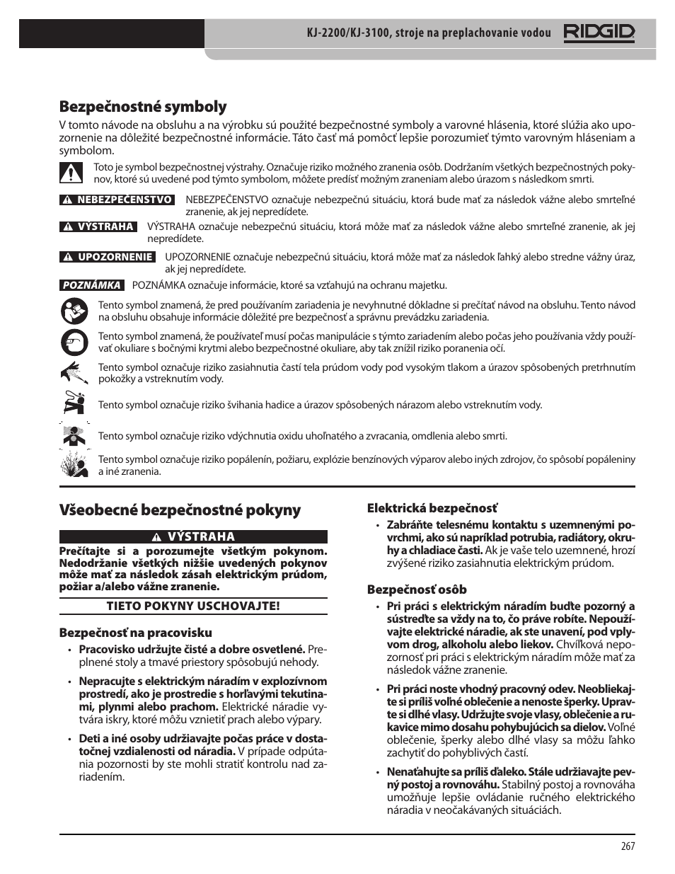 Bezpečnostné symboly, Všeobecné bezpečnostné pokyny | RIDGID KJ-3100 User Manual | Page 269 / 454