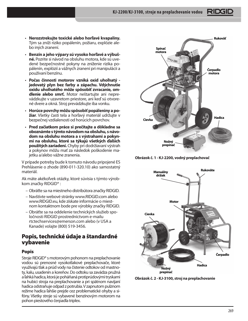 Popis, technické údaje a štandardné vybavenie | RIDGID KJ-3100 User Manual | Page 271 / 454