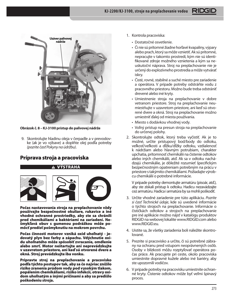 Príprava stroja a pracoviska | RIDGID KJ-3100 User Manual | Page 275 / 454