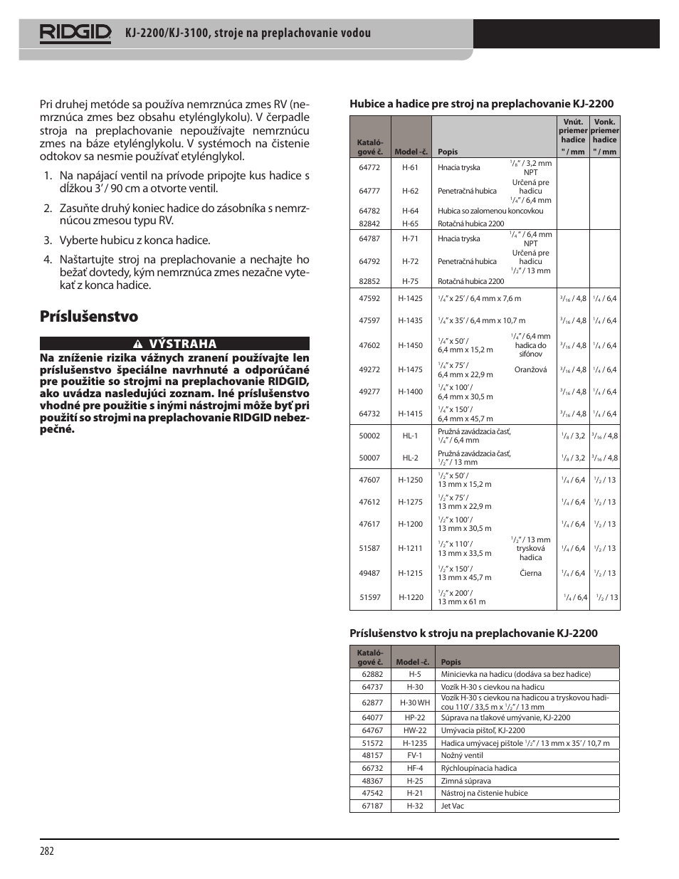 Príslušenstvo, Výstraha, Príslušenstvo k stroju na preplachovanie kj-2200 | RIDGID KJ-3100 User Manual | Page 284 / 454