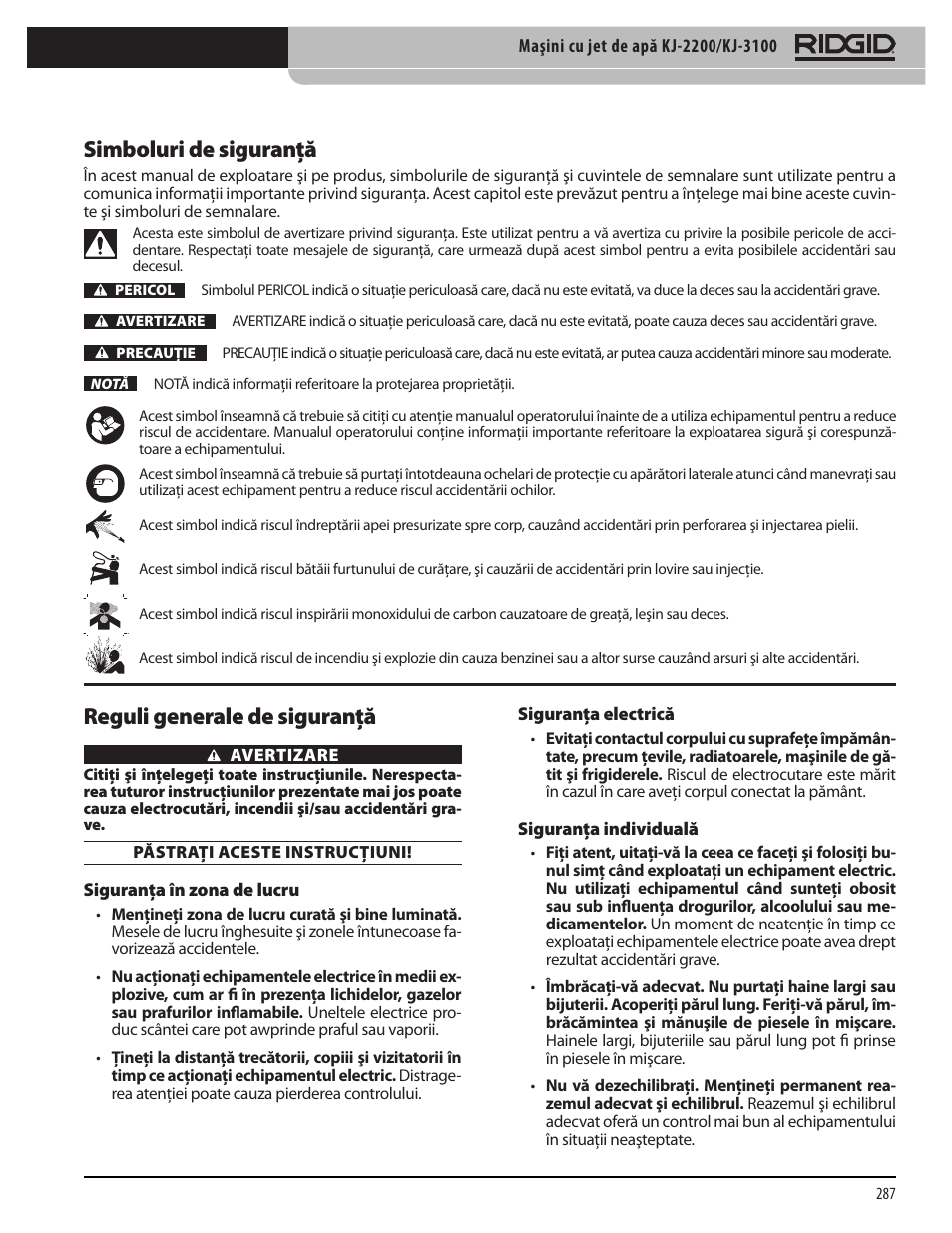 Simboluri de siguranţă, Reguli generale de siguranţă | RIDGID KJ-3100 User Manual | Page 289 / 454