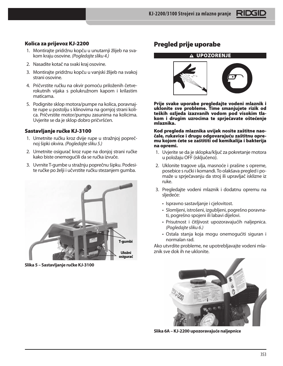 Pregled prije uporabe | RIDGID KJ-3100 User Manual | Page 355 / 454