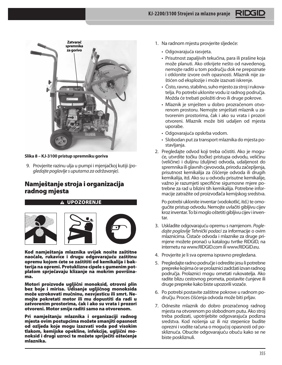 Namještanje stroja i organizacija radnog mjesta | RIDGID KJ-3100 User Manual | Page 357 / 454