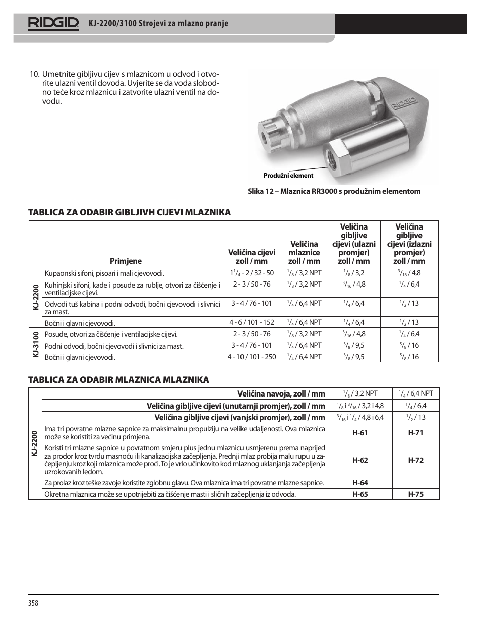 Tablica za odabir gibljivh cijevi mlaznika, Tablica za odabir mlaznica mlaznika, Veličina navoja, zoll / mm | RIDGID KJ-3100 User Manual | Page 360 / 454