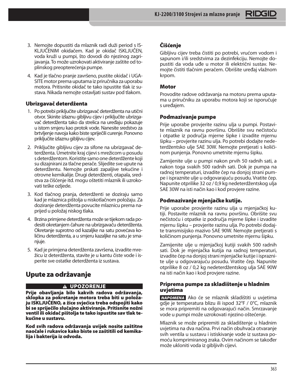 Upute za održavanje | RIDGID KJ-3100 User Manual | Page 365 / 454