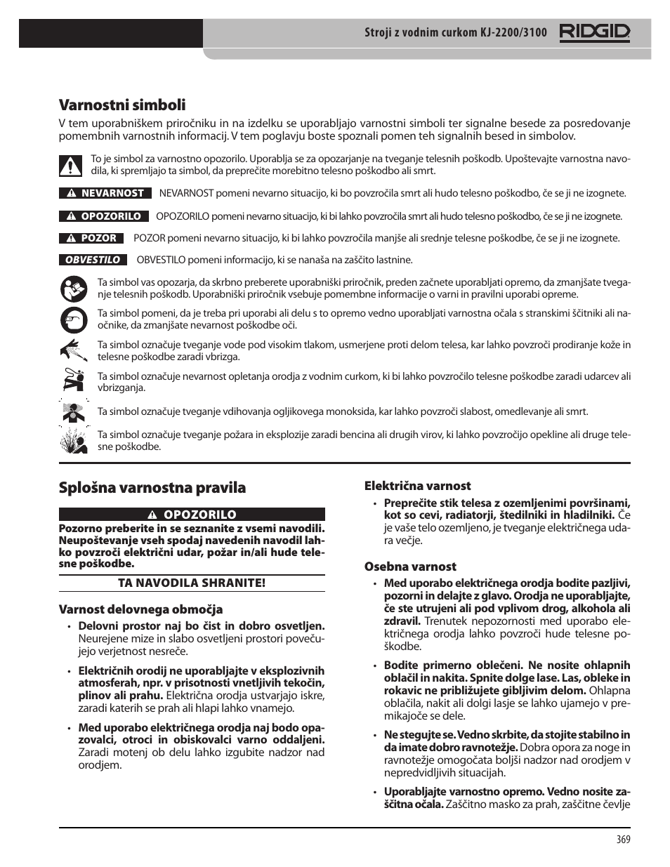 Varnostni simboli, Splošna varnostna pravila | RIDGID KJ-3100 User Manual | Page 371 / 454