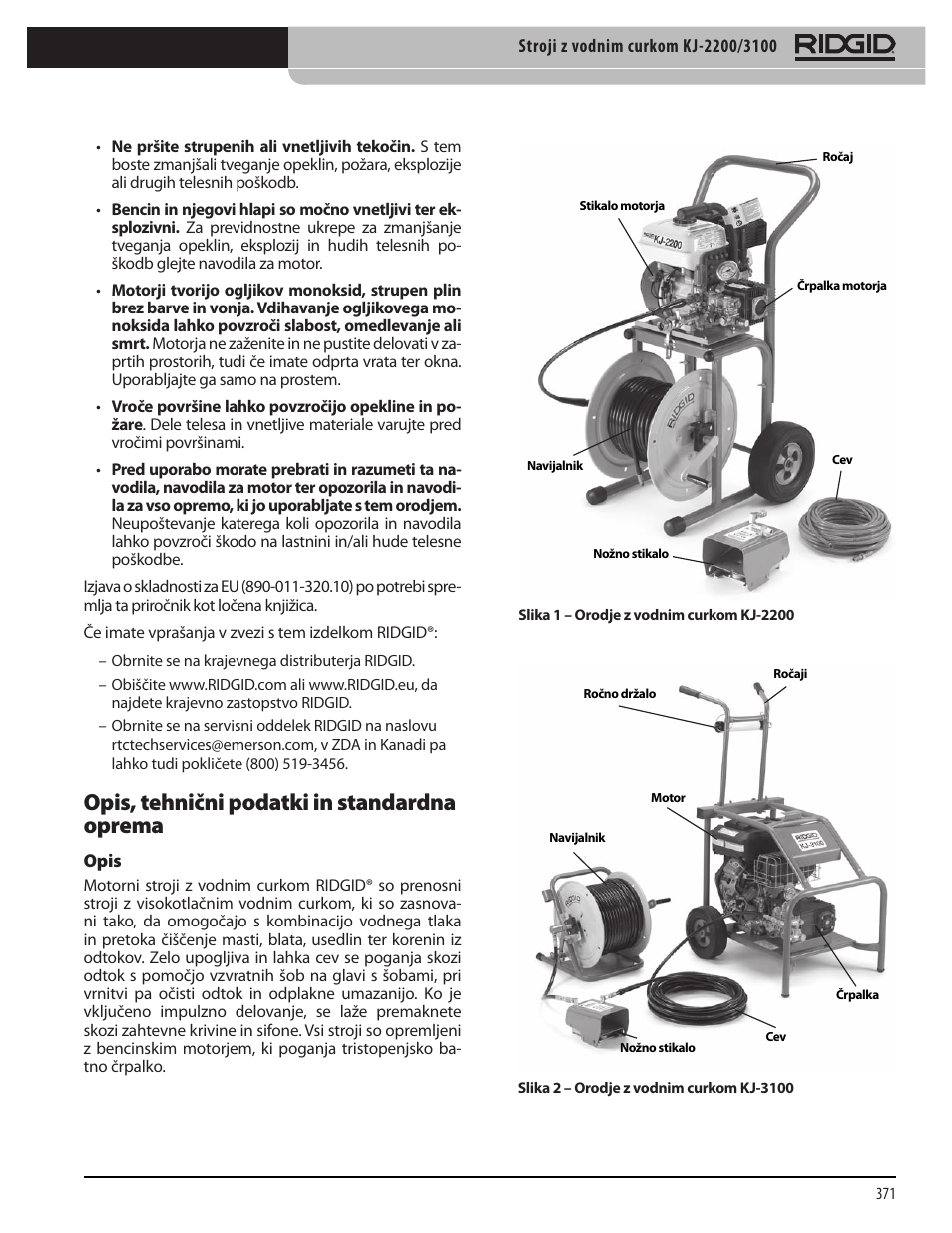 Opis, tehnični podatki in standardna oprema | RIDGID KJ-3100 User Manual | Page 373 / 454