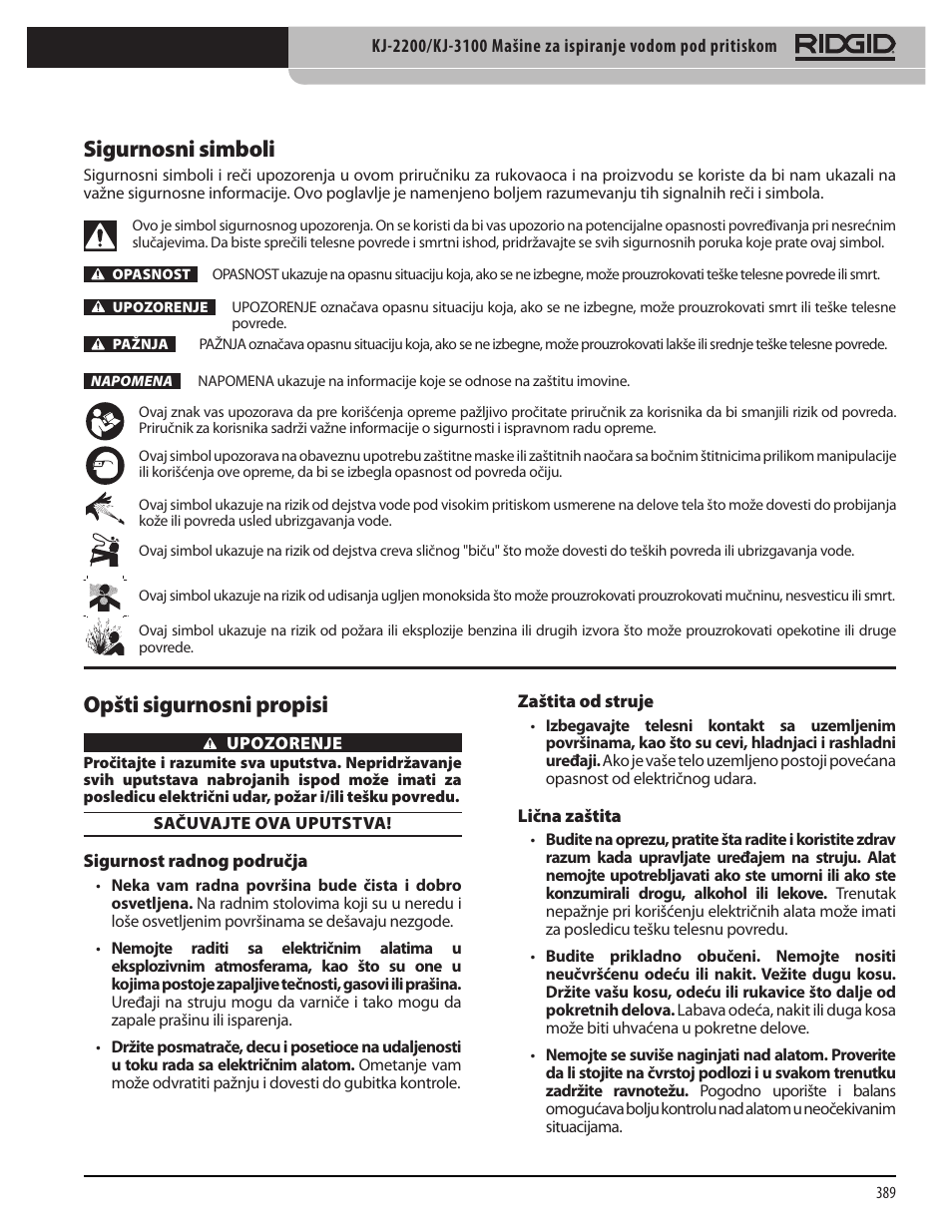 Sigurnosni simboli, Opšti sigurnosni propisi | RIDGID KJ-3100 User Manual | Page 391 / 454