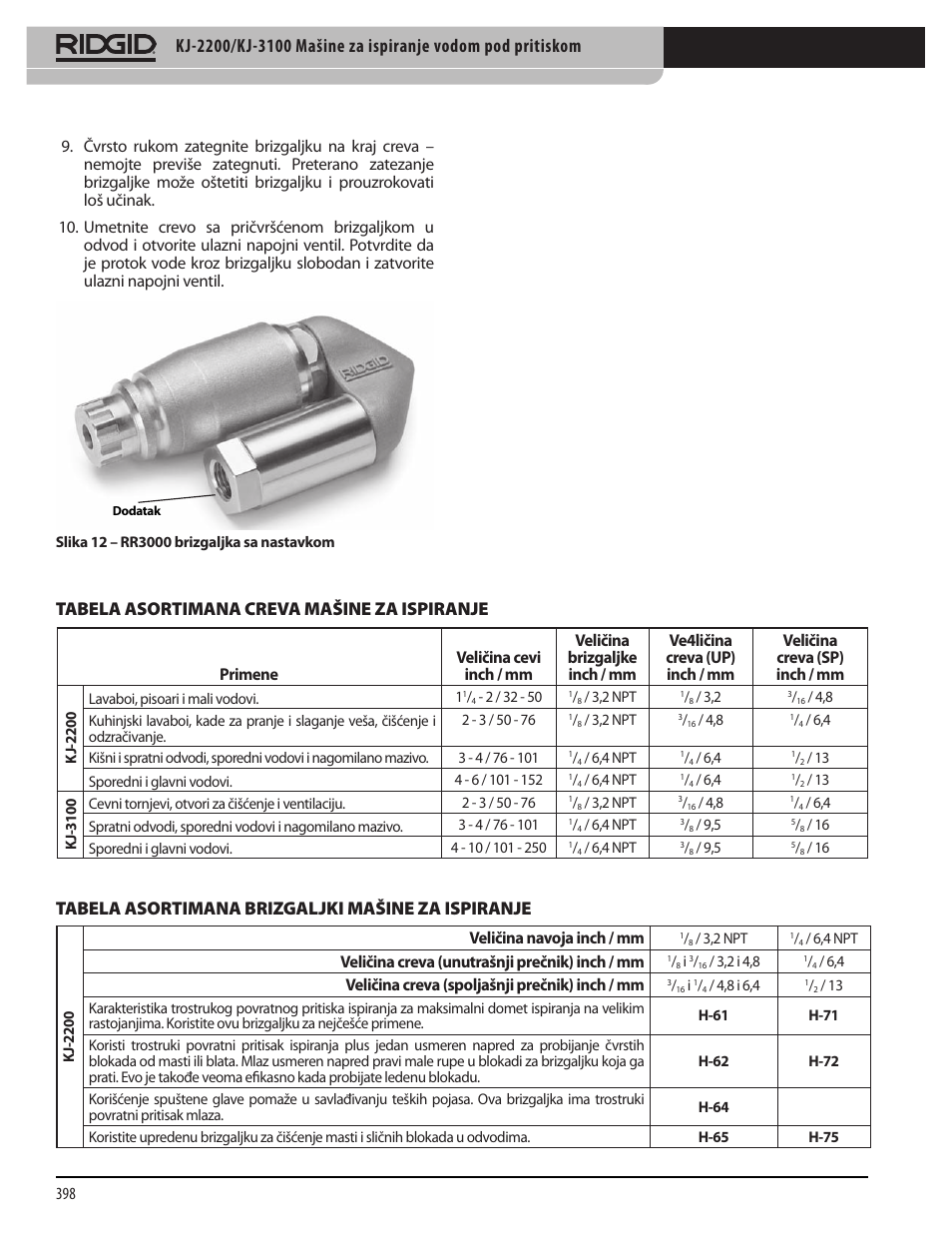 Tabela asortimana creva mašine za ispiranje, Tabela asortimana brizgaljki mašine za ispiranje, Veličina navoja inch / mm | Veličina creva (unutrašnji prečnik) inch / mm, Veličina creva (spoljašnji prečnik) inch / mm | RIDGID KJ-3100 User Manual | Page 400 / 454