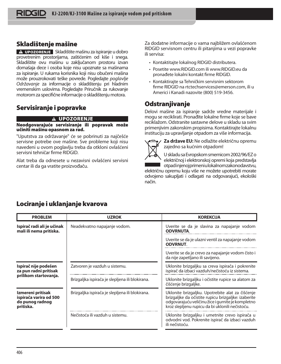 Skladištenje mašine, Servisiranje i popravke, Odstranjivanje | Lociranje i uklanjanje kvarova | RIDGID KJ-3100 User Manual | Page 408 / 454