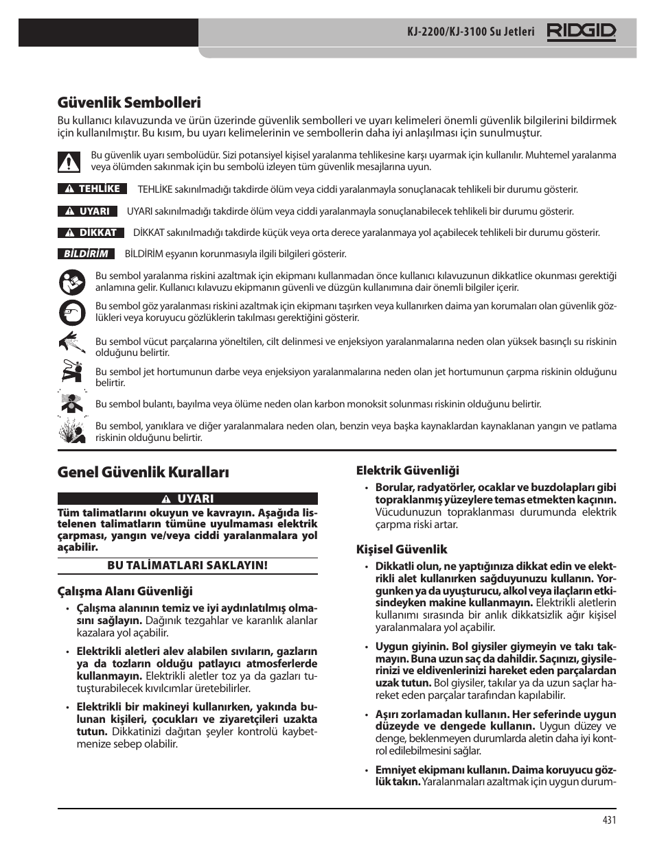 Güvenlik sembolleri, Genel güvenlik kuralları | RIDGID KJ-3100 User Manual | Page 433 / 454