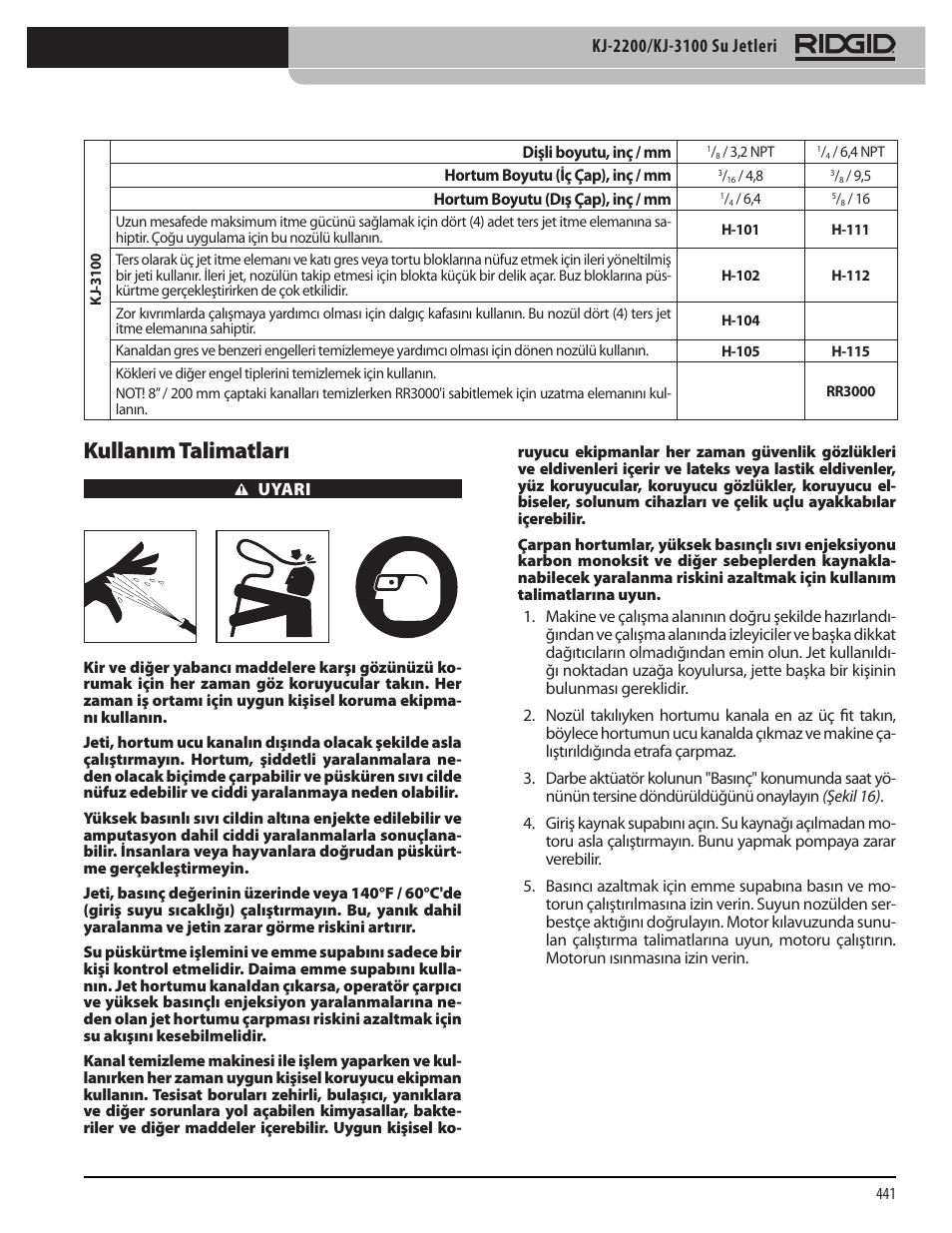 Kullanım talimatları | RIDGID KJ-3100 User Manual | Page 443 / 454