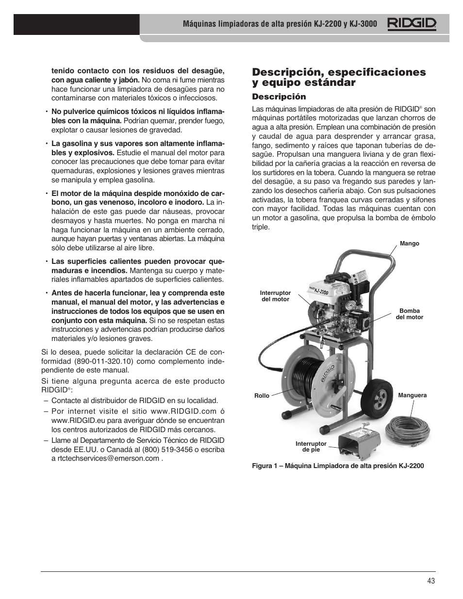 Descripción, especificaciones y equipo estándar | RIDGID KJ-3100 User Manual | Page 45 / 454