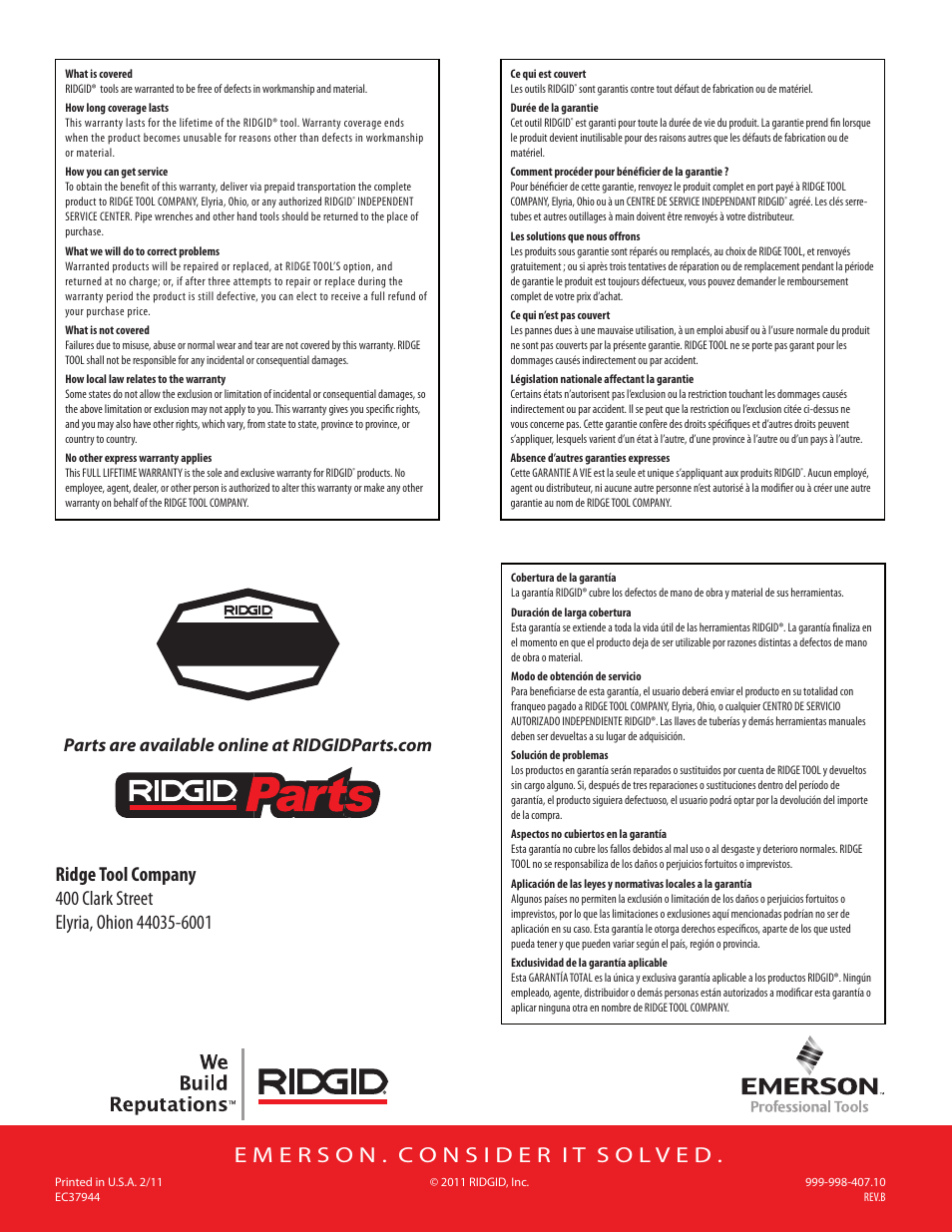 Full lifetime warranty | RIDGID KJ-3100 User Manual | Page 454 / 454