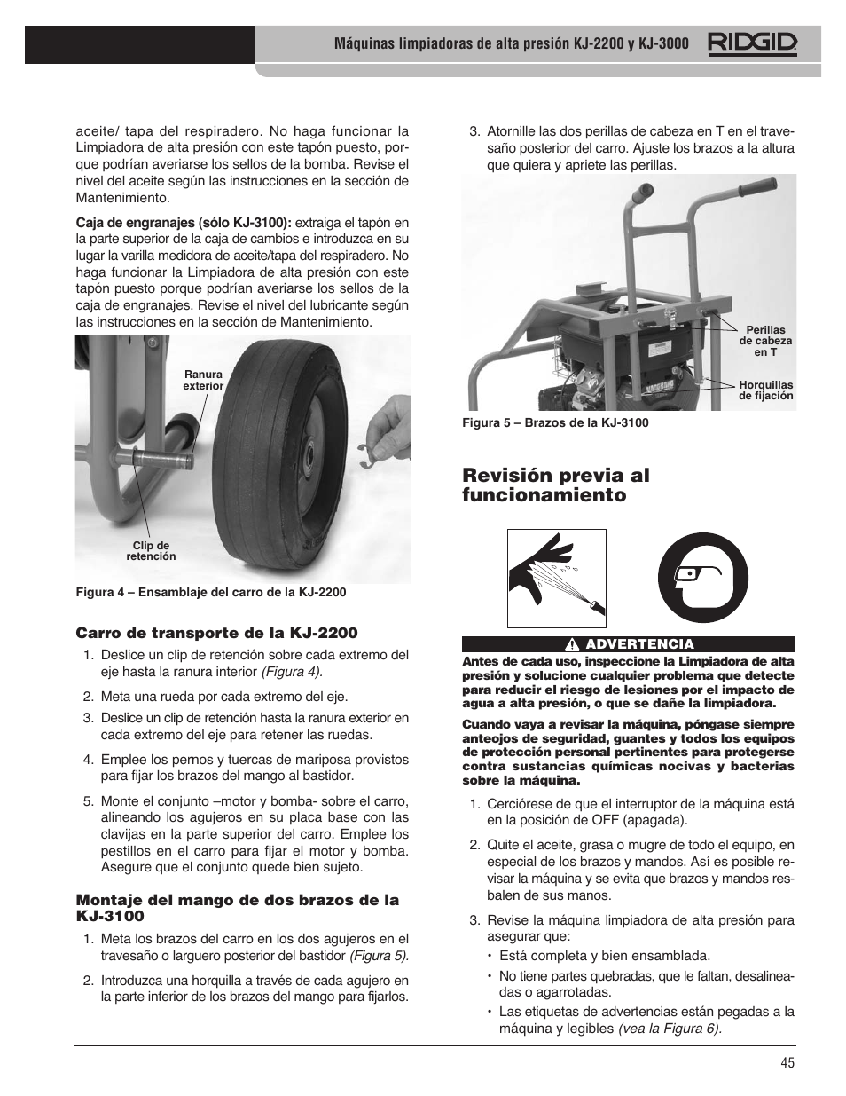 Revisión previa al funcionamiento | RIDGID KJ-3100 User Manual | Page 47 / 454