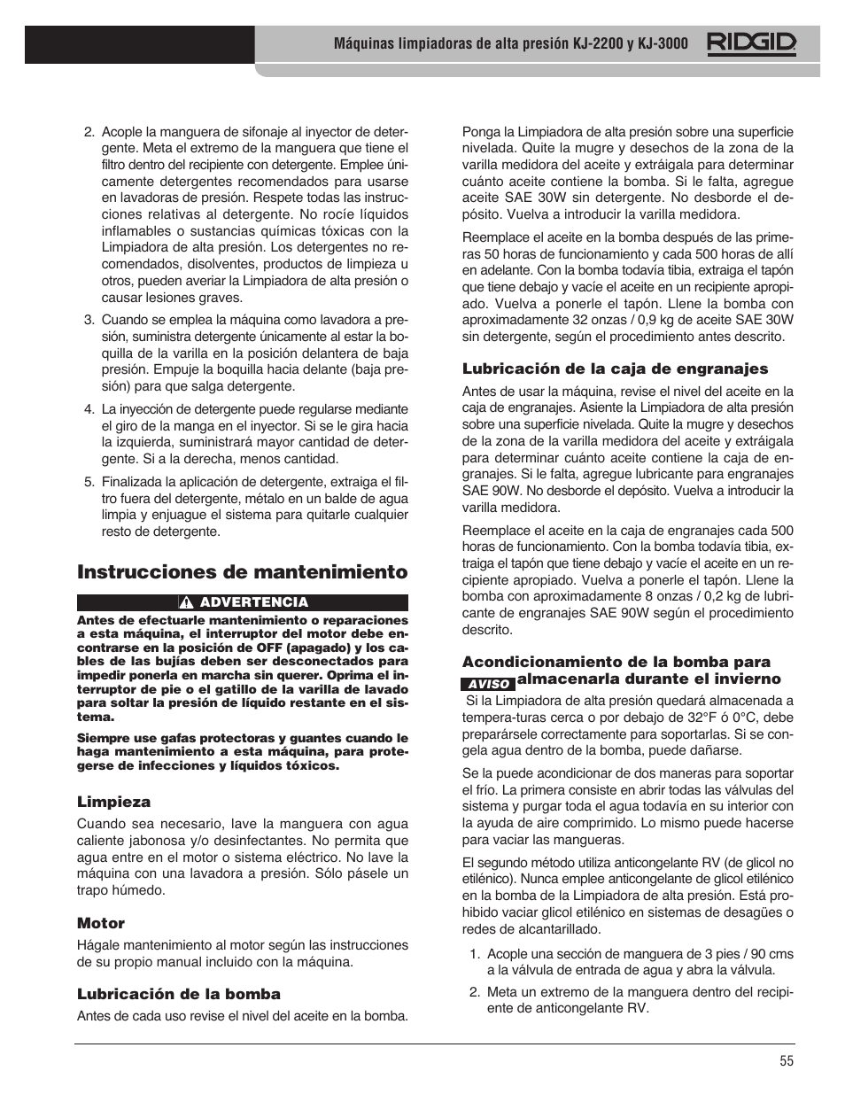 Instrucciones de mantenimiento | RIDGID KJ-3100 User Manual | Page 57 / 454