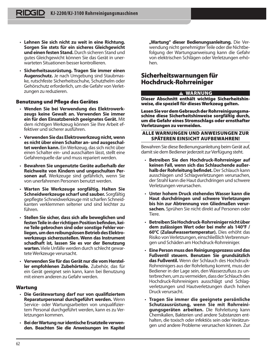 Sicherheitswarnungen für hochdruck-rohrreiniger | RIDGID KJ-3100 User Manual | Page 64 / 454