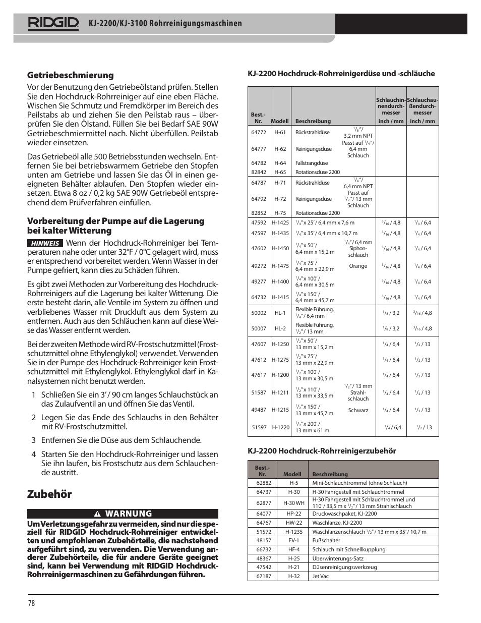 Zubehör, Getriebeschmierung, Warnung | Kj-2200 hochdruck-rohrreinigerdüse und -schläuche, Kj-2200 hochdruck-rohrreinigerzubehör | RIDGID KJ-3100 User Manual | Page 80 / 454