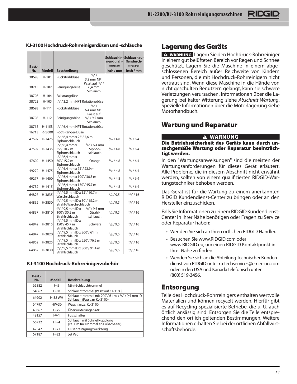 Lagerung des geräts, Wartung und reparatur, Entsorgung | Warnung, Kj-3100 hochdruck-rohrreinigerdüsen und -schläuche, Kj-3100 hochdruck-rohrreinigerzubehör | RIDGID KJ-3100 User Manual | Page 81 / 454