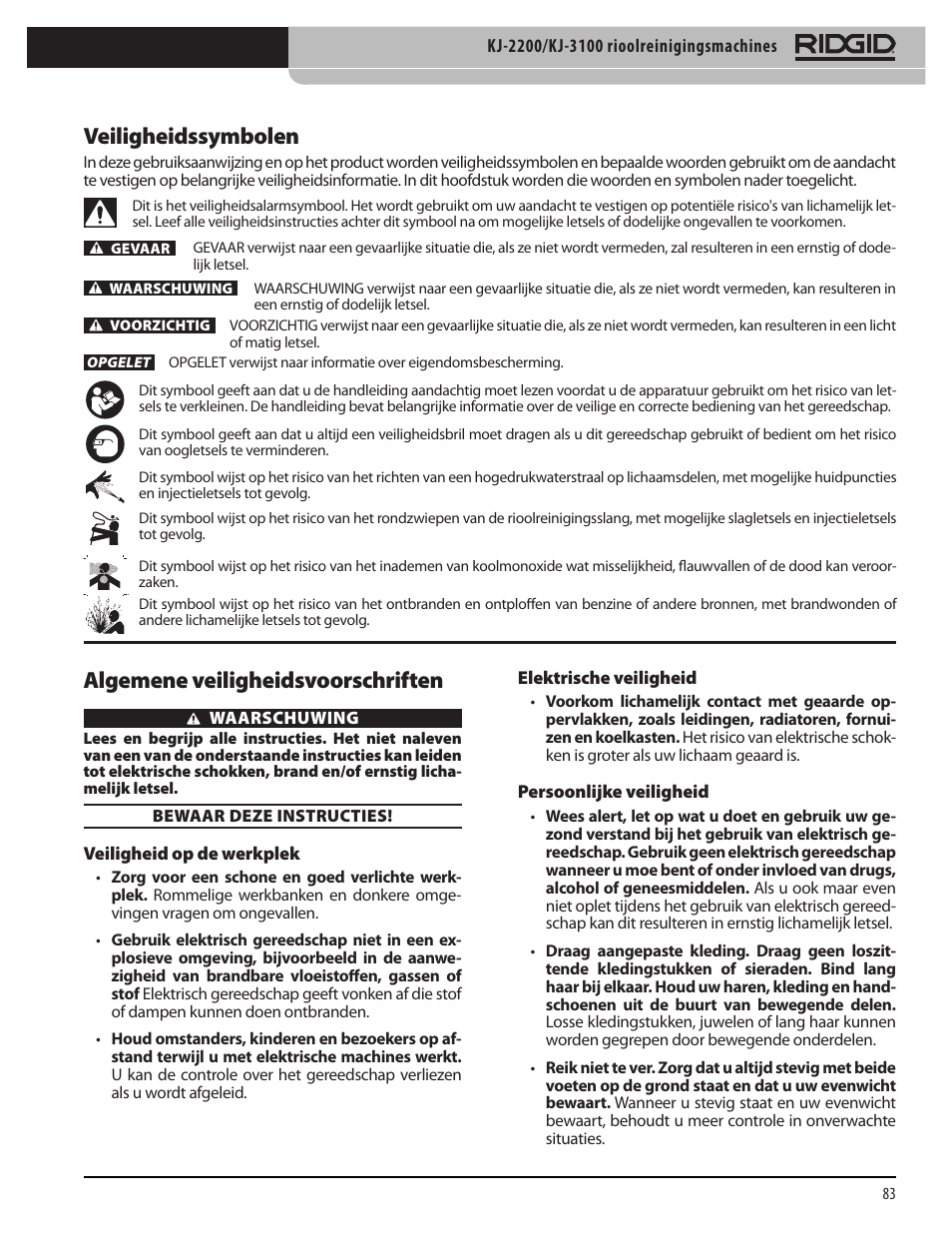 Veiligheidssymbolen, Algemene veiligheidsvoorschriften | RIDGID KJ-3100 User Manual | Page 85 / 454