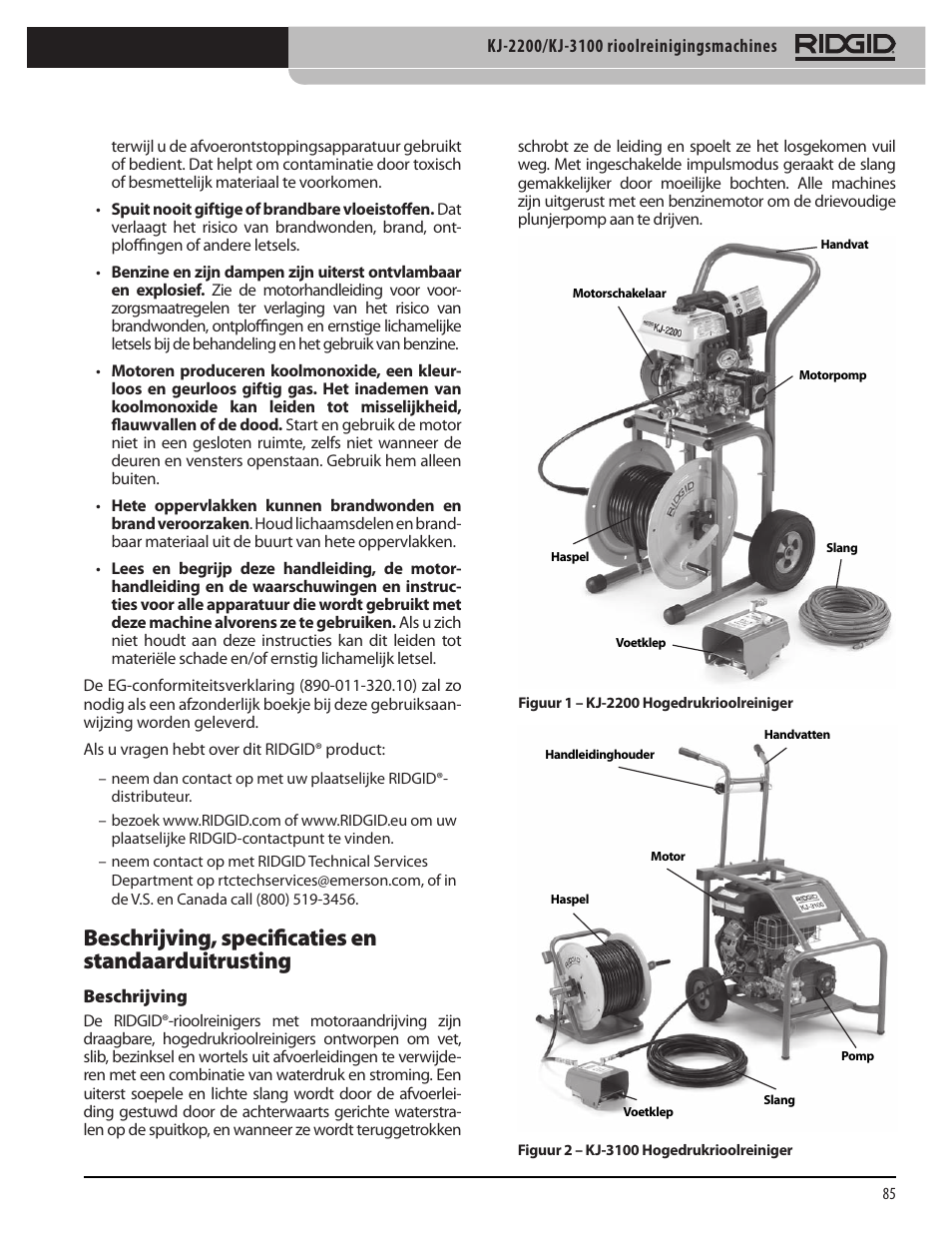 Beschrijving, specificaties en standaarduitrusting | RIDGID KJ-3100 User Manual | Page 87 / 454