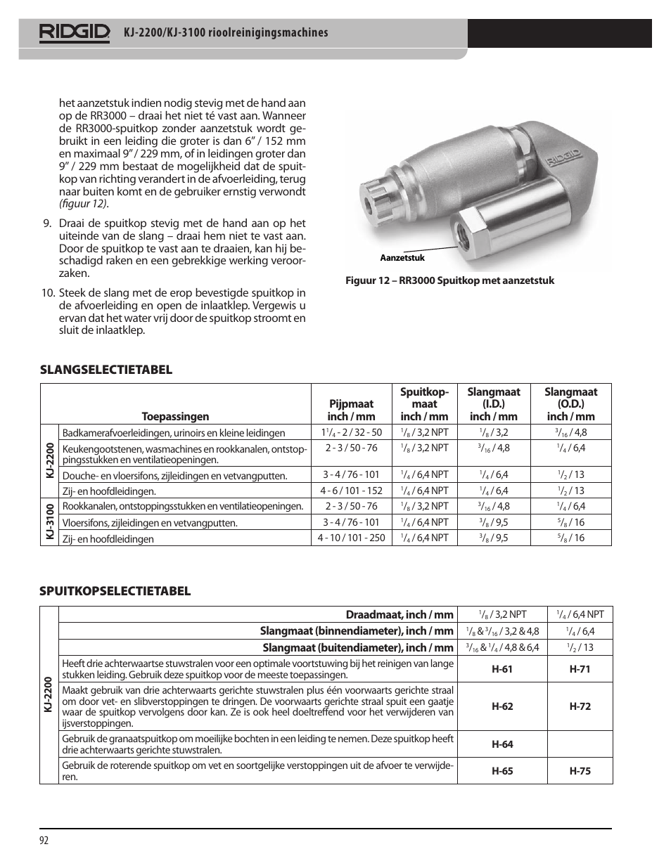 Slangselectietabel, Spuitkopselectietabel | RIDGID KJ-3100 User Manual | Page 94 / 454