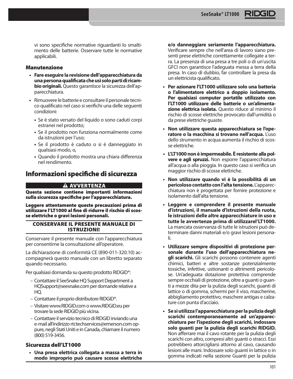 Informazioni specifiche di sicurezza | RIDGID SeeSnake LT1000 User Manual | Page 103 / 422