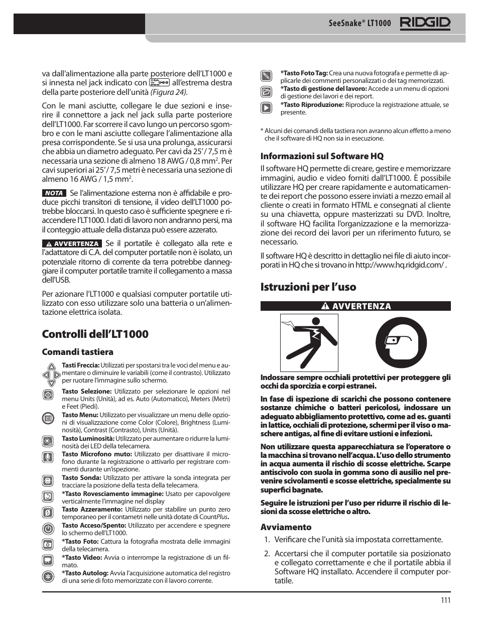 Controlli dell’lt1000, Istruzioni per l’uso | RIDGID SeeSnake LT1000 User Manual | Page 113 / 422