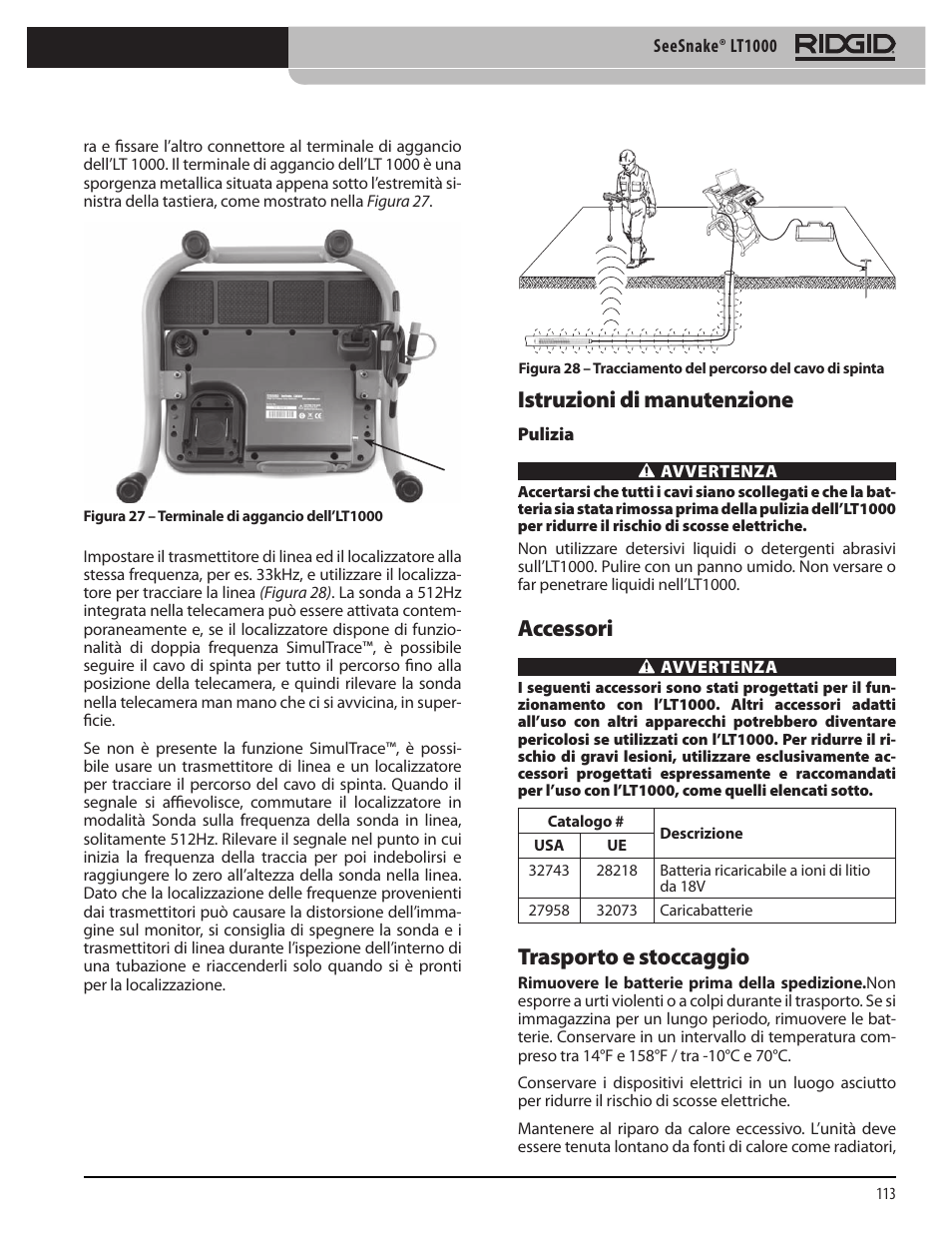 Istruzioni di manutenzione, Accessori, Trasporto e stoccaggio | RIDGID SeeSnake LT1000 User Manual | Page 115 / 422