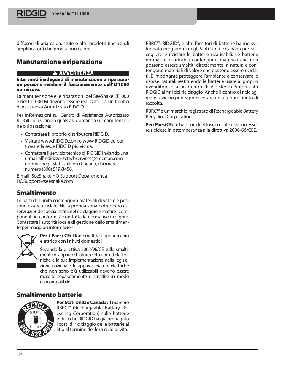 Manutenzione e riparazione, Smaltimento, Smaltimento batterie | RIDGID SeeSnake LT1000 User Manual | Page 116 / 422