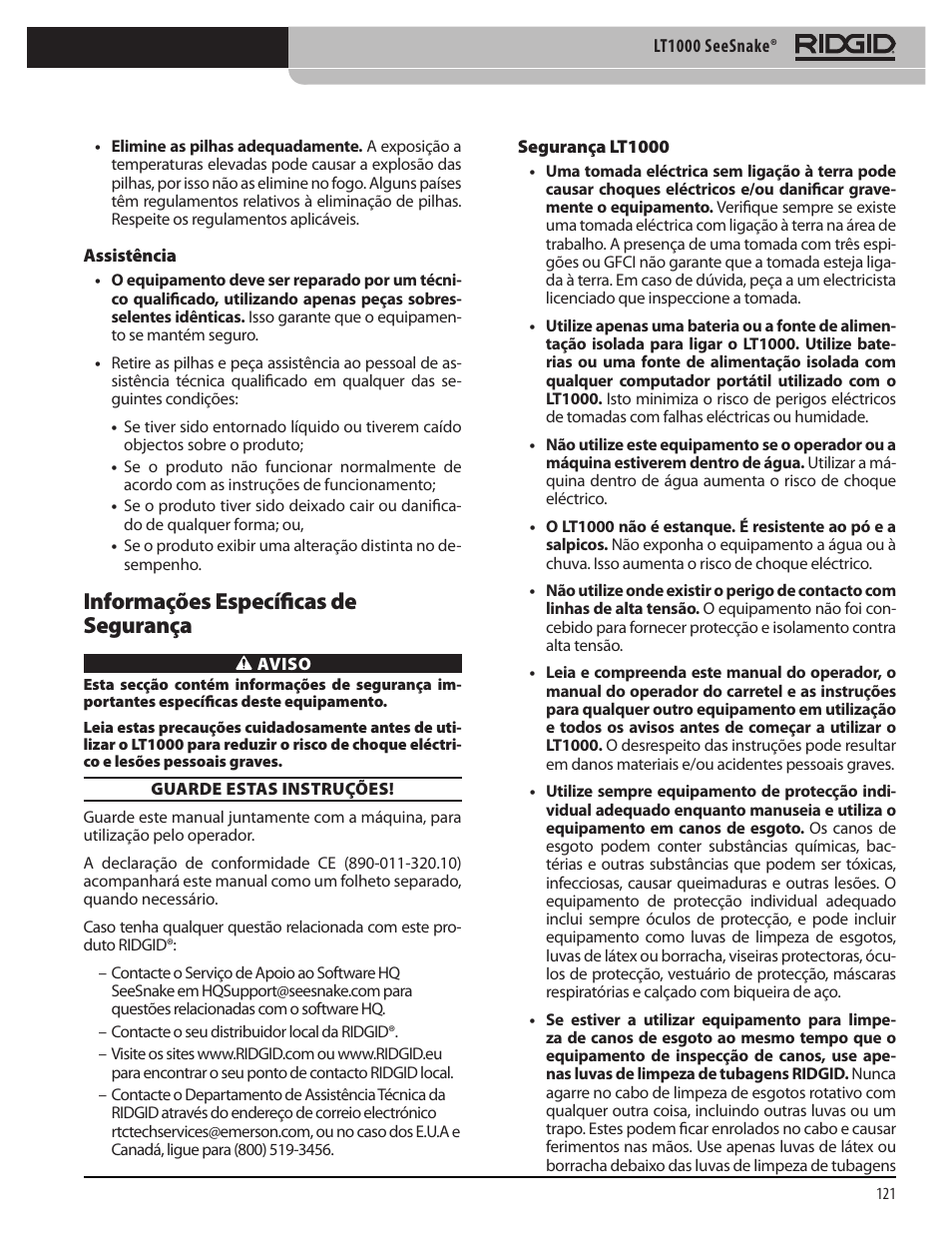 Informações específicas de segurança | RIDGID SeeSnake LT1000 User Manual | Page 123 / 422