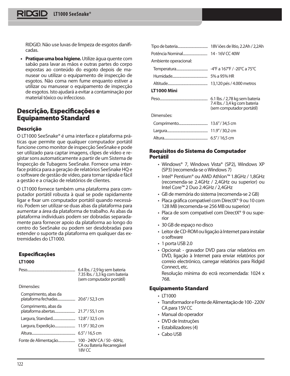 Descrição, especificações e equipamento standard | RIDGID SeeSnake LT1000 User Manual | Page 124 / 422