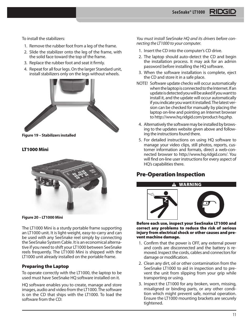 Pre-operation inspection | RIDGID SeeSnake LT1000 User Manual | Page 13 / 422