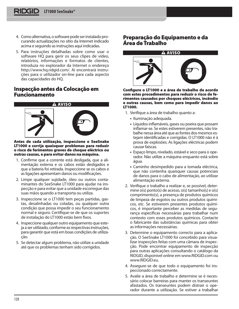 Inspecção antes da colocação em funcionamento, Preparação do equipamento e da área de trabalho | RIDGID SeeSnake LT1000 User Manual | Page 130 / 422