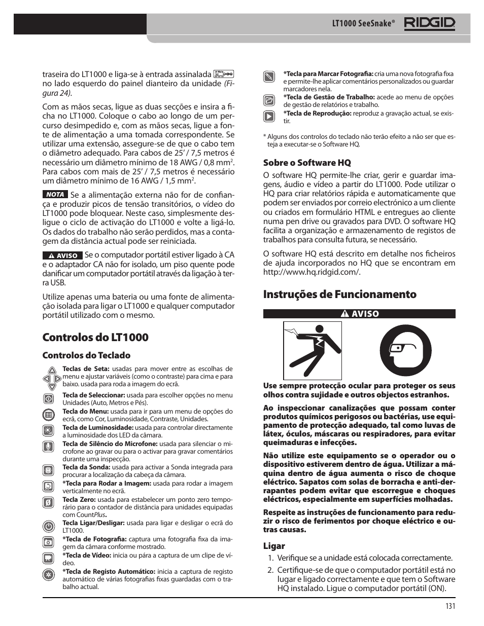 Controlos do lt1000, Instruções de funcionamento | RIDGID SeeSnake LT1000 User Manual | Page 133 / 422