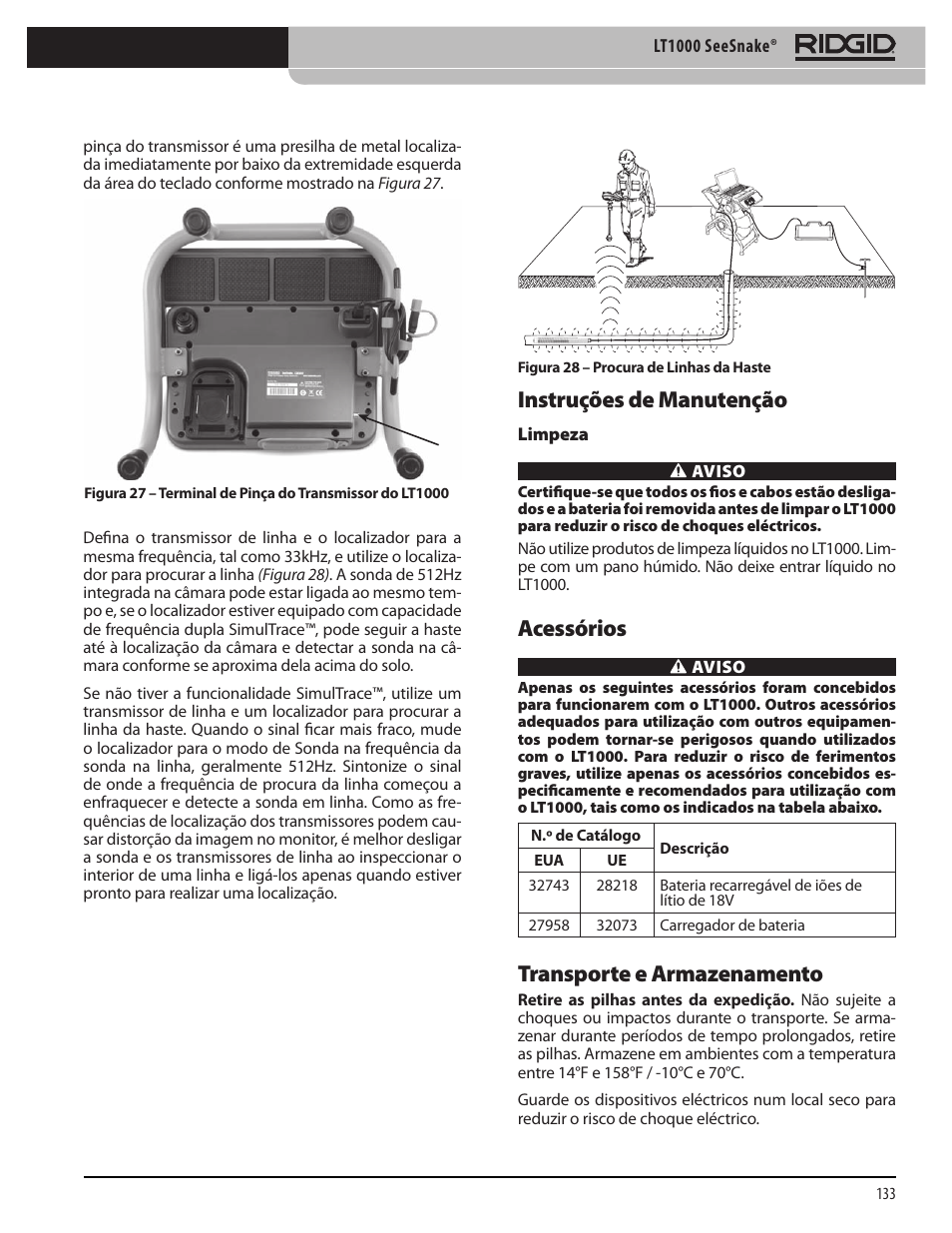 Instruções de manutenção, Acessórios, Transporte e armazenamento | RIDGID SeeSnake LT1000 User Manual | Page 135 / 422